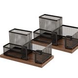 Antiek hout en gaas pennenhouder kantoorbenodigdheden Caddy, opbergmanden voor bureauaccessoires met houder voor kleverige notities, 3 compartimenten (2 stuks zwart)