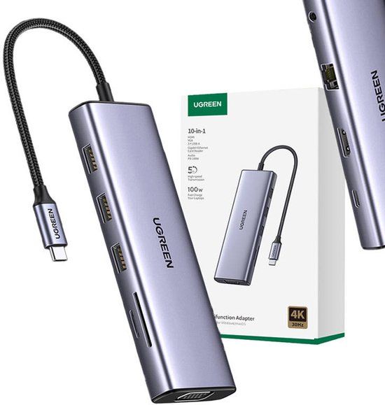 UGREEN USB C Docking Station Dual Display met 4K HDMI, VGA, 3x USB A 3.0, PD100W, Ethernet, 3,5mm Audio, SD/TF