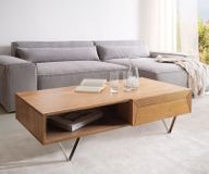 Table basse Kayu 115x60 cm Acacia Naturel 2 tiroirs Pieds en V Acier inoxydable