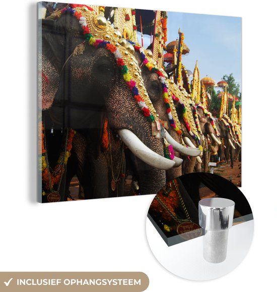 MuchoWow® Glass Painting 80x60 cm - Elephant Parade - Acrylic Glass - Wall Art