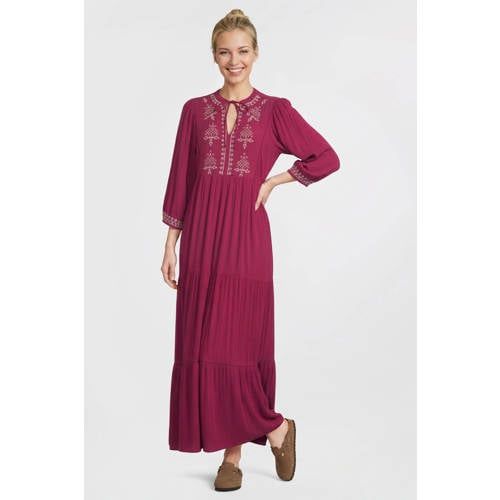 Anytime Crinkle Maxi Dress with Embroidery Wine Red