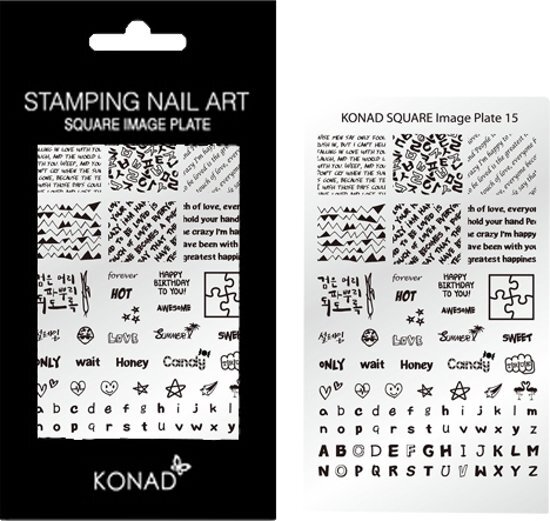 Konad Square stempel sjablonen plaat 15 met 77 nagel sjablonen geÃ¯nspireerd door ' LIEFDE ' incl. alfabet en verschillende prints.