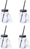 Makito Western Europe Mason Jar verres - 4x stuks - glas - dop zwart met rietje - 500 ml - afsluitbaar - fruit shakes