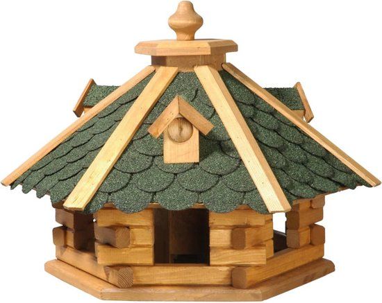 dobar Vogelhuisje zeshoekig naturel en groen - vogelhuis van massief hout - vogelvoederstation met voedersilo - 6-hoekige vogelvilla - 51 x 45 x 37 cm - groen