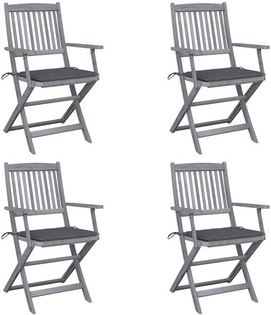 vidaXL Set van 4 Klapstoelen met Kussens, Massief Acaciahout, Antraciet