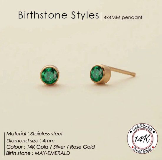 Borasi Birthstone Oorbellen Mei - 14K Goldplated - DonkerGroen - Oorknopjes - Zirkonia