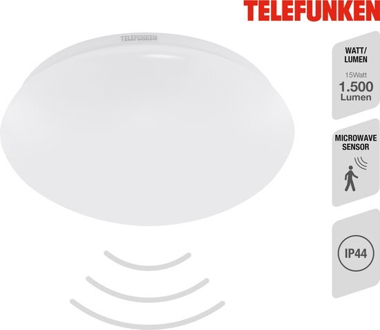 TELEFUNKEN - Badkamerlamp - 601206TF - met bewegingsmelder - IP44 spatwaterdicht - 15W - 1500 lm - 28x6,5 cm - Wit