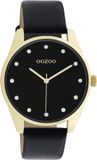 OOZOO Timepieces - Goudkleurig dames polshorloge met zwarte leren band - C11049