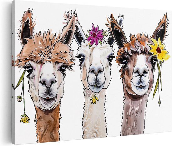 Artaza Canvas Schilderij Drie Lama's met Bloemen op hun Hoofd - 90x60 - Canvas Print