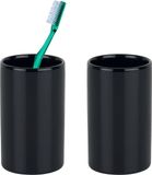 Spirella Badkamer drinkbeker/tandenborstelhouder Sienna - 2x - porselein - glans zwart - 7 x 11 cm