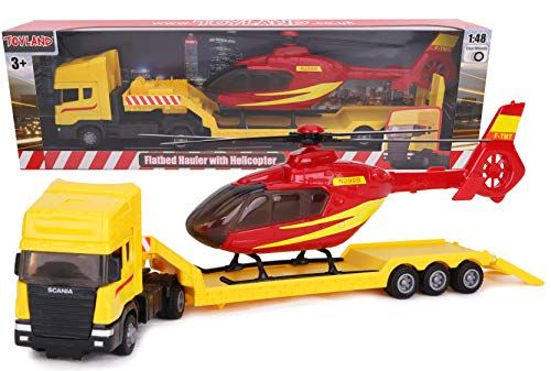 Toyland Scania Flatbed Hauler met helikopter - Schaal 1:48 - Gele vrachtwagen / rode helikopter