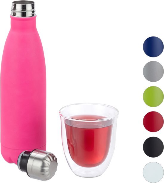 Relaxdays Thermosfles - drinkfles - thermosbeker - thermos - isoleerfles - 0,5 liter roze zwart, zilver