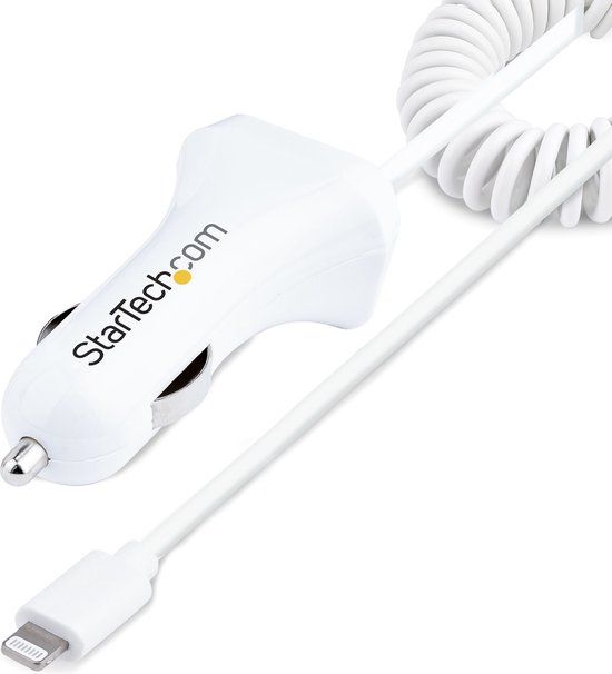 Startech Lightning Autolader met Spiraalkabel, 1m, USB Car Charger - Stroomadapter voor auto - 12 watt - 4.2 A - 2 uitgangsaansluitingen (USB, Lightning) - wit