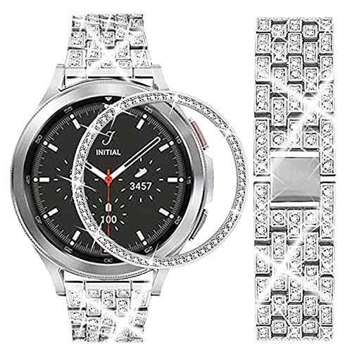 DEALELE Band Compatibel met Samsung Gear Sport/Galaxy Watch 42mm / Galaxy 4 Classic 42mm, 20mm Strass Diamanten Metalen Armband met Bezel Ring Case Cover Vervanging voor Vrouwen Mannen, Zilver