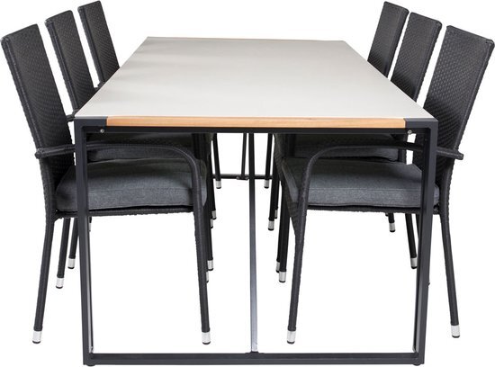 Hioshop Texas tuinmeubelset tafel 100x200cm en 6 stoel Anna zwart, grijs, naturel.