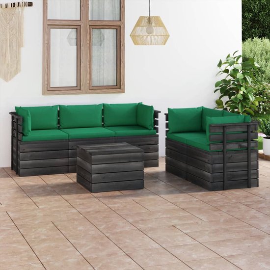 The Living Store Pallet Loungeset - Houten tuinmeubelset - 65x65x71.5cm hoekbank - 60x60x41.5cm tafel - Groene kussens - Massief grenenhout