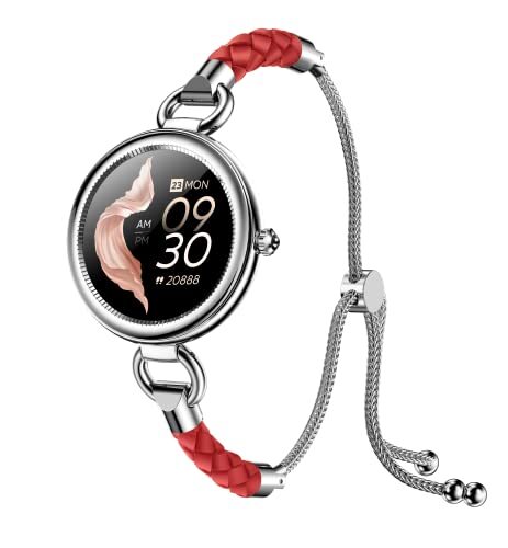 luniqueshop LSBEAUTY Smartwatch voor dames, zuurstofspanning, hartslag, stappenteller, slaap, weer, intelligente armband, fitness, waterdicht, iOS/Android, zilver/rood