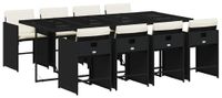 vidaXL Garden Dining Set Cushions 9pcs, Dining Chairs with Armrests, Furniture Set with Table, Modern, Black Rattan