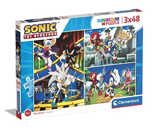 Clementoni - Sonic Supercolor puzzel Sonic-3X48 (inclusief 3 48 stukjes) - puzzel voor kinderen van 4 jaar, gemaakt in Italië, meerkleurig, 25280