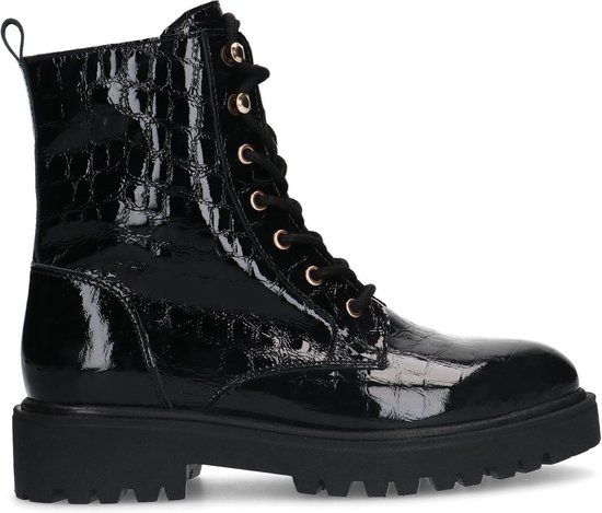 Manfield - Dames - Zwarte lakleren veterlaarsjes - Maat 40