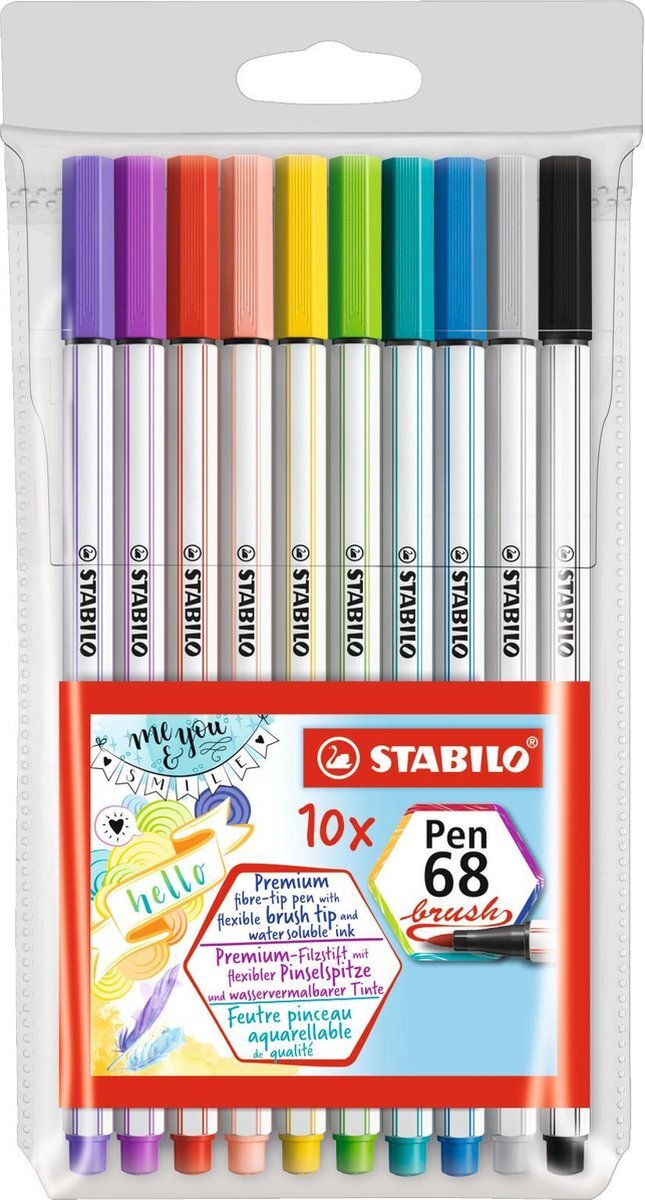 Stabilo Pen 68 Brush - Premium Brush Viltstift - Met Flexibele Penseelpunt - Etui Met 10 Kleuren