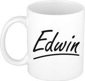 Bellatio Decorations Edwin Naam koffiemok - beker - met sierlijke letters - wit