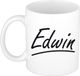 Bellatio Decorations Edwin Naam koffiemok - beker - met sierlijke letters - wit