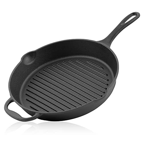 bbq-toro Gietijzeren braadpan Ø 29 cm | Gietijzeren grillpan met handvat, steel en twee schenktuiten, geribbeld | gietijzeren pan grill, BBQ pan, ovenpan, gietijzeren pan