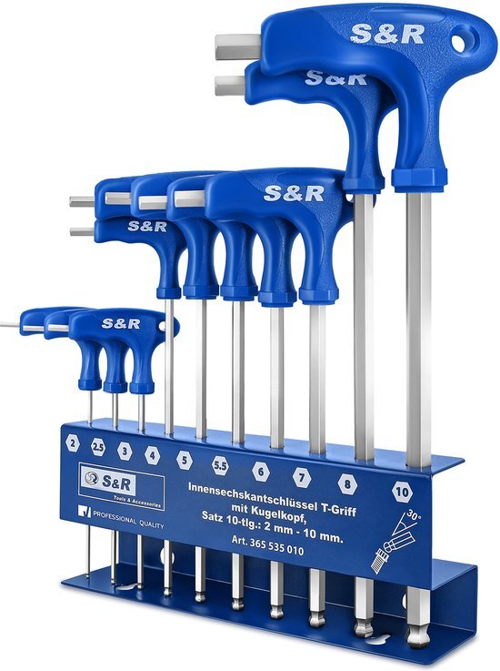 Inbussleutel set HX, S2 hoogwaardig staal, T-greep, kogelkop, gereedschapshouder van metaal, 10 stuks, 2 mm - 10 mm, zeskant sleutelset metrisch