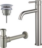 Fortifura Calvi Ensemble de robinetterie de lavabo - robinet de lavabo surélevé - bouchon toujours ouvert - siphon design abaissé - PVD - acier inoxydable brossé