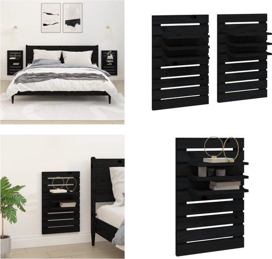 vidaXL Nachtkastjes - Wandgemonteerd - 2 stuks - Massief Grenenhout - Zwart