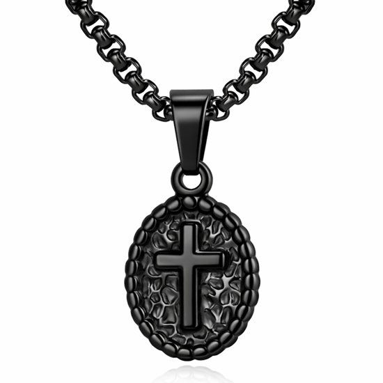 Mendes Zwarte Heren Ketting met Ovale Kruis Hanger