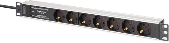 DIGITUS Stekkerdoos, Overspanningsbeveiliging, 7 Stopcontacten, 2m Kabel, Aluminium/ABS, Zwart/Zilver