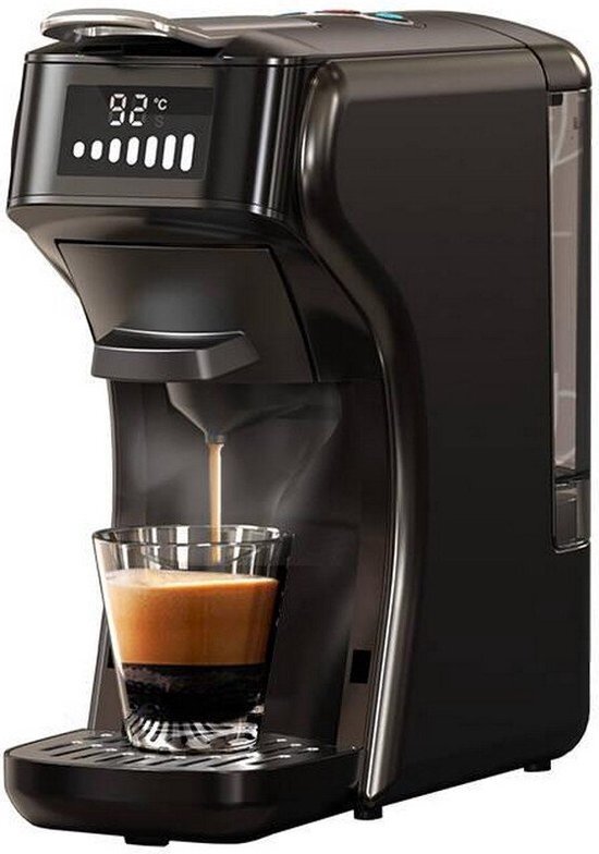 HiBREW H1B koffiezetapparaat met 6 in 1 pads, watertank van 600 ml, drukextractie van 19 bar, koud/warm-modus, LED-indicator, voor Kcup*/Nes*/DG*/espressopoeder, zwart - EU-stekker