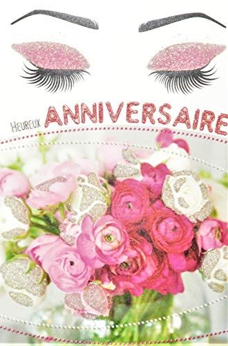 Verjaardagskaart voor dames met pailletten - Boeket bloemen - Roze en witte bloemen - Made in France