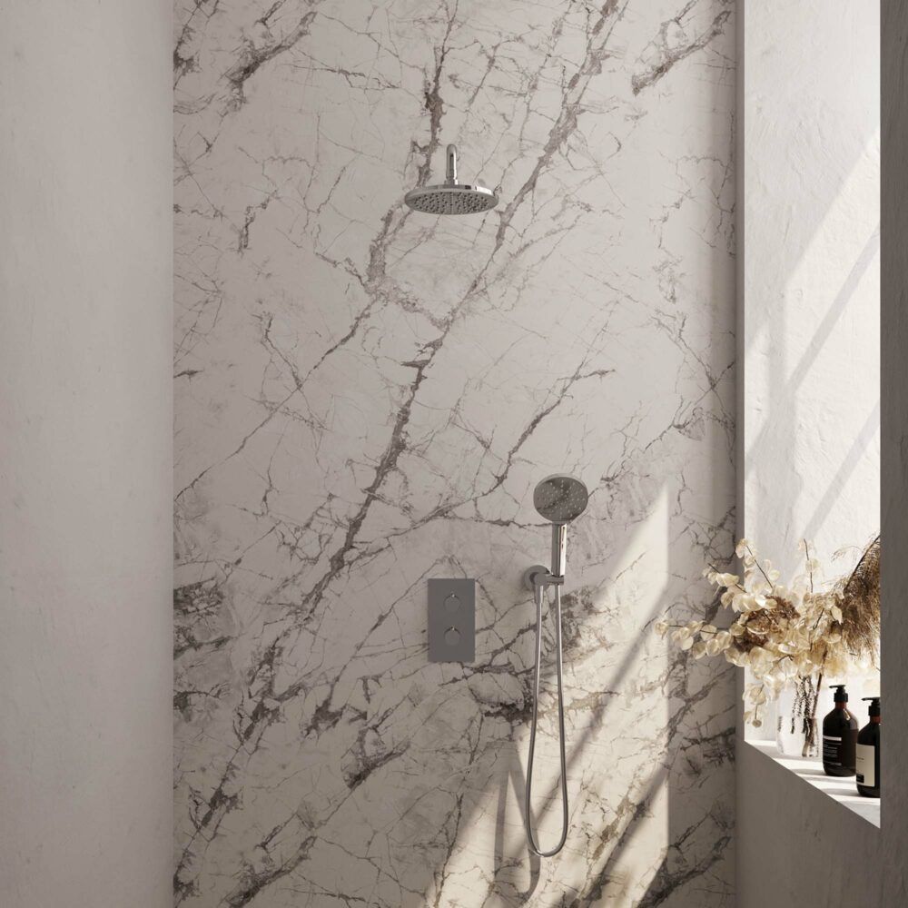 Brauer Chrome Carving thermostatische inbouw regendoucheset met 2-weg omstel 40cm gebogen wandarm met 20cm ronde hoofddouche 3 standen ronde handdouche 150cm gladde doucheslang met aansluitbocht en handdouchehouder Chroom 5-CE-129