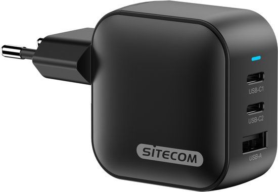 Sitecom 70W USB-C Wall Charger - GaN, 3 Outputs, Fast Charge - Black
