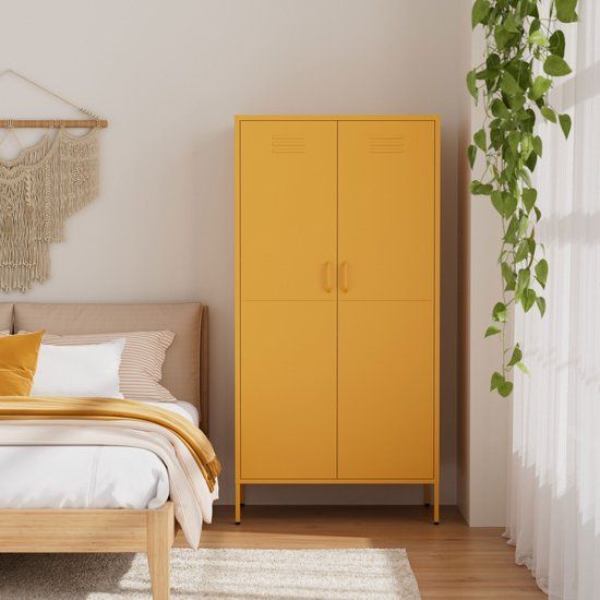 Lendo Online Lockerkast - Kledingkast - Kast met hanggedeelte - Opbergkast - Industriële kast met verstelbare planken - Archiefkast - Kantoorkast - Kluisje - 90x50x180 cm (LxBxH) - Gepoedercoat staal - Metaal - Geel