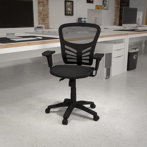 Flash Furniture Mid-Back Transparant Zwart Mesh Multifunctionele Executive Swivel Ergonomische bureaustoel met verstelbare armen, metaal, 58,42 x 72,39 x 111,13 cm