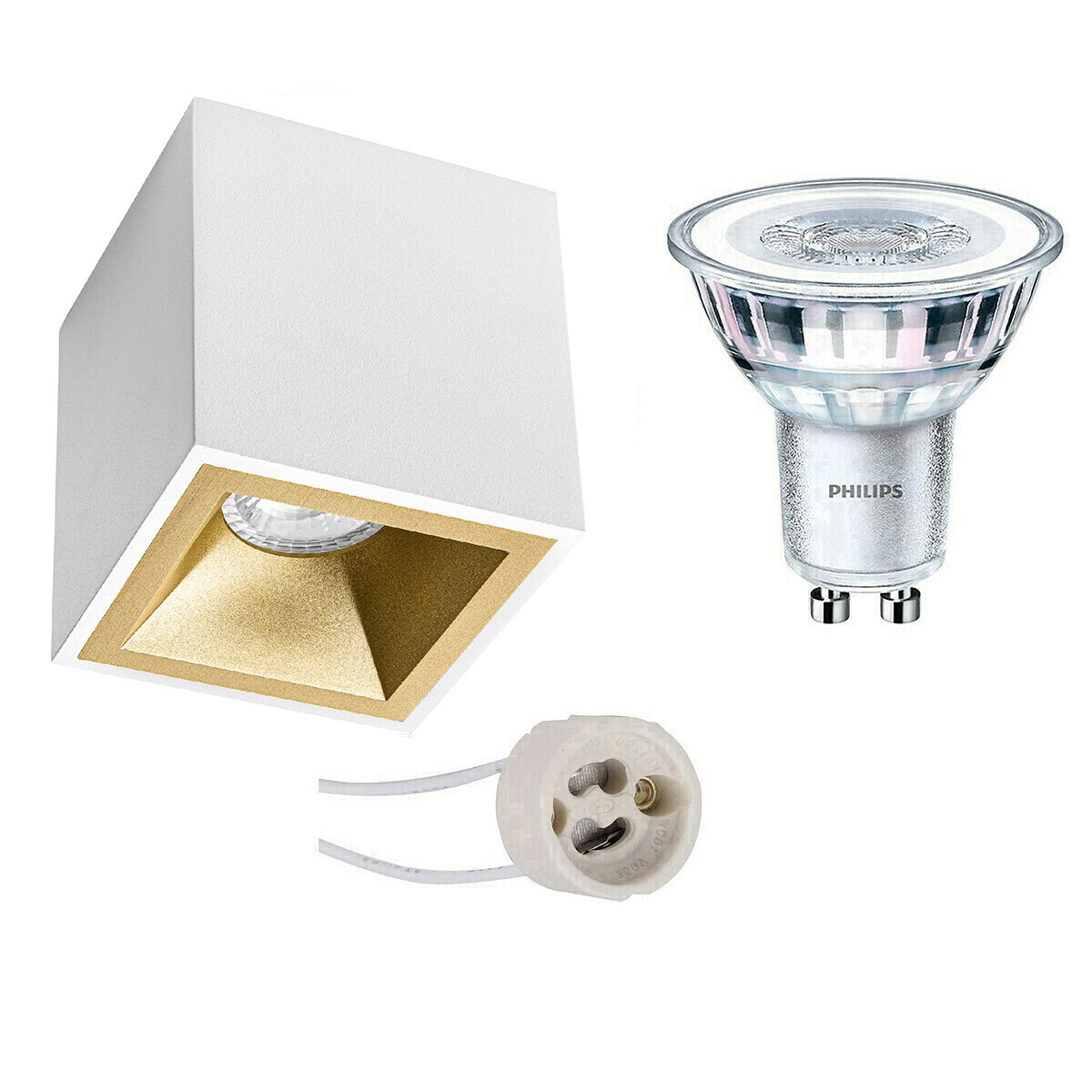 BES LED Opbouwspot Set - Pragmi Cliron Pro - GU10 Fitting - Opbouw Vierkant - Mat Wit/Goud - Verdiept - 90mm - Philips - CorePro 830 36D - 4.6W - Warm Wit 3000K