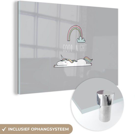 MuchoWow® Glass Painting 90x60 cm - Acrylic Glass - Unicorn - Rainbow - Kids - Quotes - Good Night - Girls - Photo on Glass - Paintings