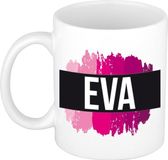 Bellatio Decorations Eva naam cadeau koffie mok - beker - met roze verfstrepen - Cadeau collega - moederdag - verjaardag - juf - coach - 300 ml - wit