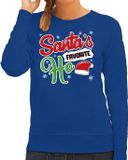 Bellatio Decorations Foute Kersttrui - sweater - Santa his favorite Ho - blauw - voor dames - kerstkleding / kerst outfit M