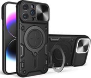 Merkloos Apple iPhone 15 Pro Max Hoesje Camera Slider en Kickstand Ring Zwart