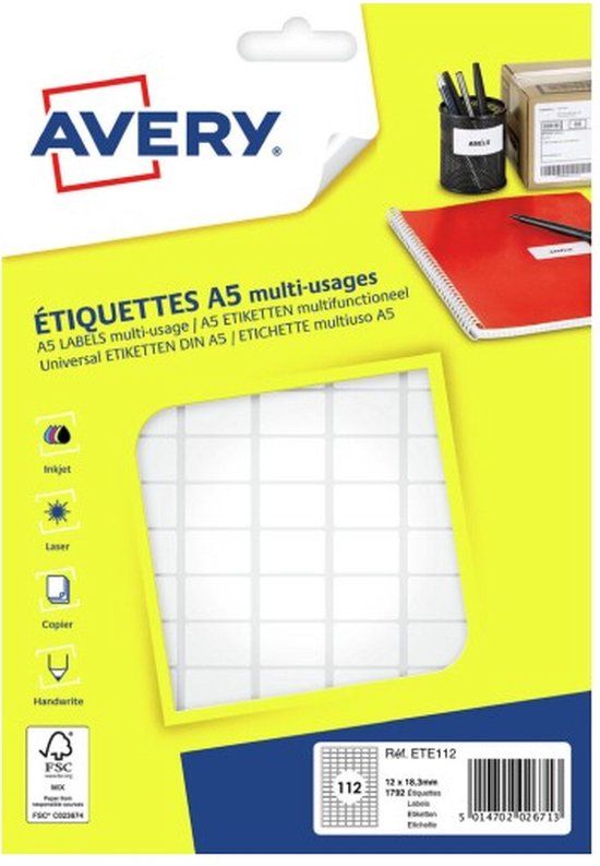 Avery ETE112 printeretiket Wit Zelfklevend printerlabel