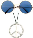 Widmann Hippie Flower Power verkleed set - Peace ketting en ronde blauwe glazen party bril