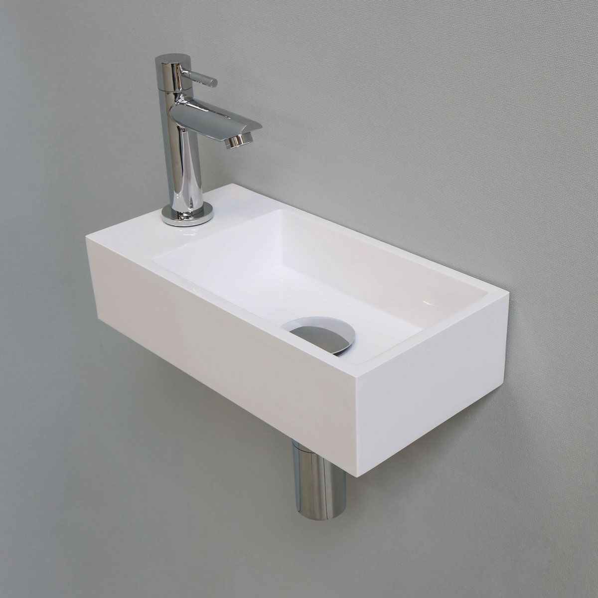 Ink Fonteinset Versus Rechthoek Links 36x18x9cm Polystone Glans Wit Toiletkraan Sifon Plug Glans Chroom