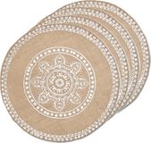 Zeller placemats met mandala print - 4x - jute look stof - rond - D38 cm