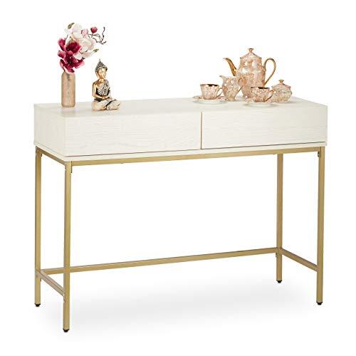 Relaxdays Consoletafel, 2 laden, dressoir hal, woonkamer, opbergtafel houtlook, HxBxD: 80x110x40 cm, wit/goud