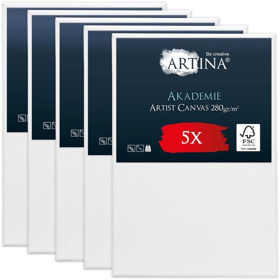Artina Akademie – Set van 5 Schilderdoeken Canvas 40x60 cm – Spieraam van FSC® Hout – Wit Canvas 100% Katoen – 280 g/m140